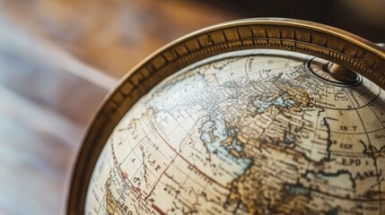 Fototapeta premium A vintage globe in close-up, with detailed maps symbolizing exploration, travel, and the desire to discover new places