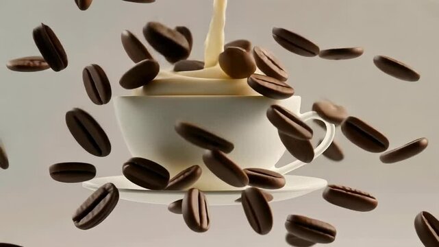 coffee cup floating beans on neutral background