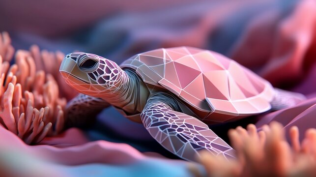 Low-poly sea turtle swimming through vibrant coral.