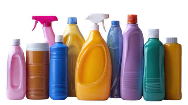Colorful cleaning bottles neatly arranged on a white background for clarity