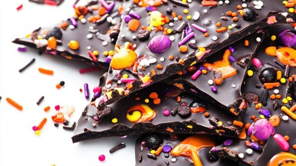 Halloween candy bark with spooky decorations and colorful sprinkles, isolated on white background