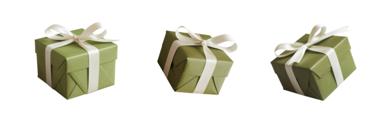 Green gift box with white ribbon. Collection of classic luxury gift boxes with elegant ribbons. Set of gift preset boxes with ribbon of various styles. Perfect for any celebration occasion project.