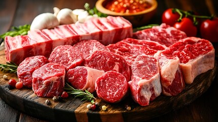 Raw Beef Steaks and Ribs on a Wooden Cutting Board