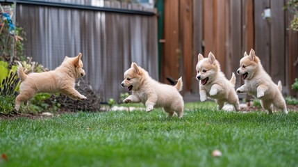 Playful Puppies Jumping in Garden Setting