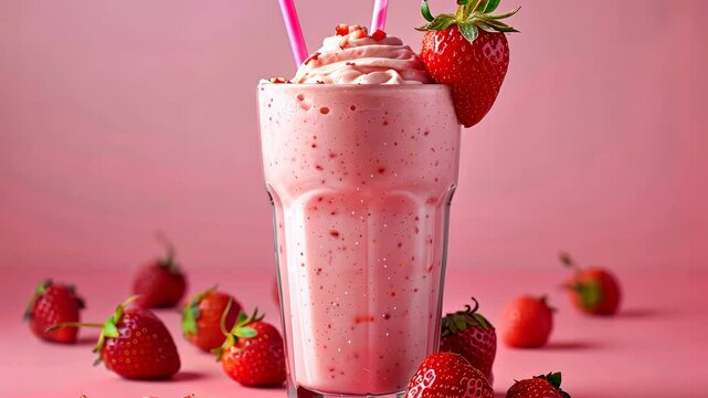 A tall glass of strawberry milkshake with whipped cream and a whole strawberry on top, surrounded by fresh strawberries on a pink background