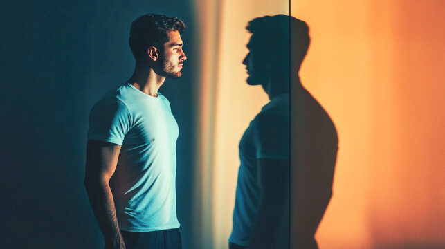 Reflective man standing in artistic light capturing introspection and contrast