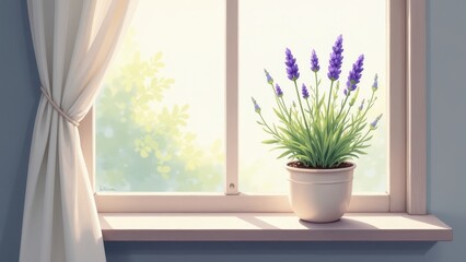 Fototapeta premium Serene Lavender Plant in a Sunlit Windowsill – Perfect for Tranquil Home Decor