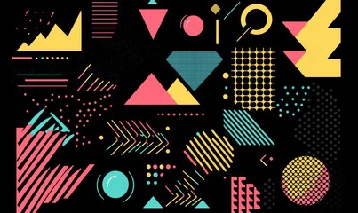 Geometric shapes and patterns in pink, yellow, and blue.