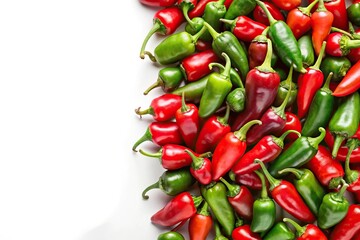 Small red and green peppers on white background panoramic