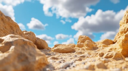 Rocky terrain under a vibrant blue sky with fluffy white clouds, AI