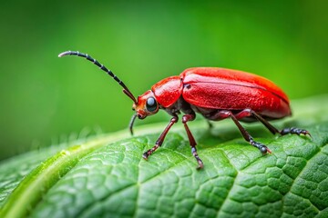 Fototapeta premium Small red beetle crawling on green leaf