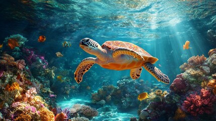 Fototapeta premium A turtle swims in the ocean with a school of fish