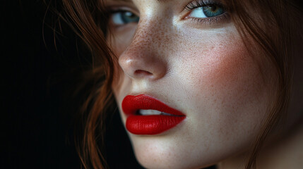 Fototapeta premium glamorous portrait of a woman with freckles and lips with bright red lipstick