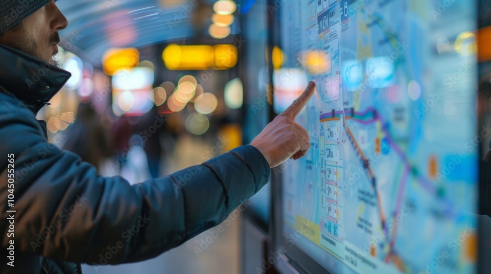 Poster a digital kiosk displaying bus routes and schedules with a man using it to plan his trip.