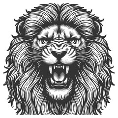 Obraz premium Fierce Lion Head Roaring tattoo growling sketch engraving generative ai vector illustration. Scratch board imitation. Black and white image.