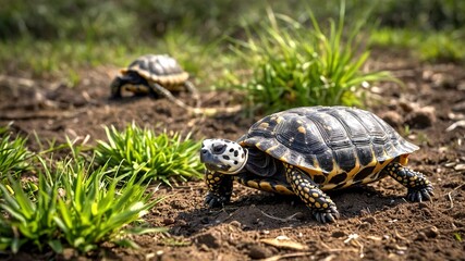 Obraz premium Aerial View of Dalmatian Tortoises Mating - Wildlife, Reptile, Tortoise, Mating, Drone Photography