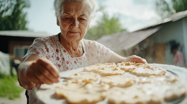 &Auml;ltere Frau backt im Sommer im Freien &ndash; traditionelles Kochen f&uuml;r kulinarisches Erbe und Tourismusdesign