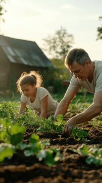 Vater und Tochter g&auml;rtnern gemeinsam in einem &uuml;ppigen Hinterhof, um Familienzusammenhalt zu schaffen und sich im Freien zu erholen