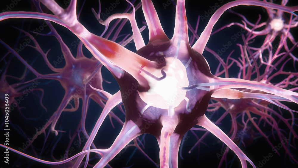 Poster macro animation neurons in the brain. cells sending electrical and chemical signals. 3d render anima