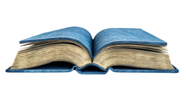 An open book showing intricate pages and a textured cover on a clean, bright surface