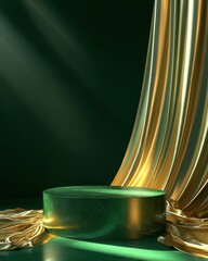 Abstract green jade and gold podium, wrapped in flowing golden fabric and illuminated by soft...