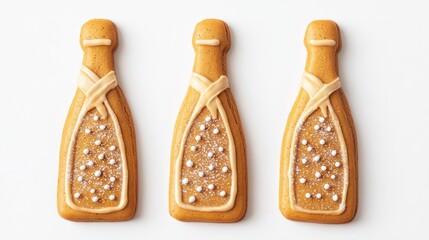 Happy New Year 2025 cookies shaped like champagne bottles, isolated on white background
