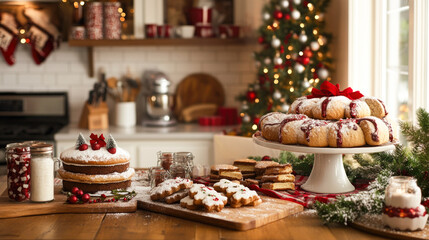 Festive christmas dessert spread in cozy kitchen setting with holiday decor