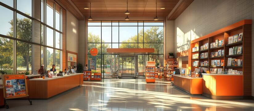 A spacious and bright store interior with large windows, wooden floors and orange accents. There is a counter with people at the front and shelves of books on the right.