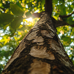 A close up view of Brazilwood tree trunk showcases its textured bark and vibrant green leaves,...