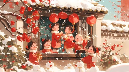 Traditional Chinese Spring Festival family outdoor illustration poster background