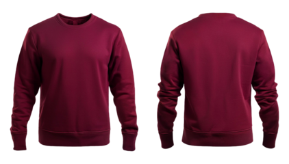 Burgundy men's jumper mockup - front and back view on transparent background.