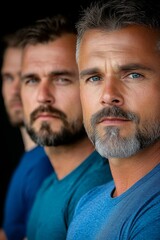 Fototapeta premium Group of Happy Handsome Smart Male, Seriously Looking on Camera Indoors. Confident Successful Man Has Bushy Beard and Short Curly Hair.