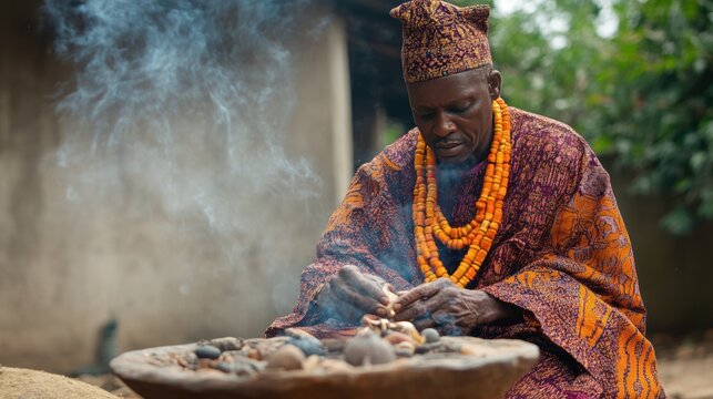Yoruba Ifa divination system, a complex spiritual practice where priests use sacred tools to interpret messages from the divine