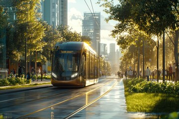Obraz premium Urban Tram in Sunlit Cityscape with People Walking