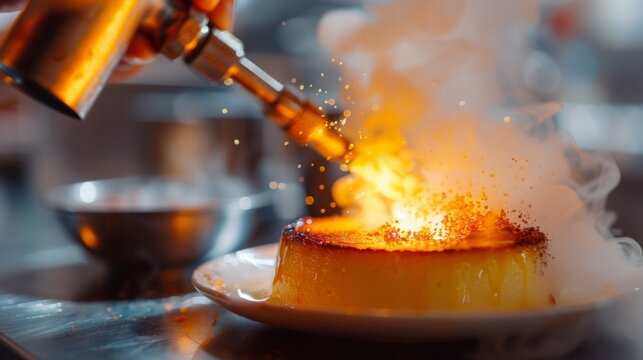 A worker using a blowtorch to caramelize the top of a crÃ¨me brÃ»lÃ©e dessert.