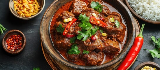 Close up of a bowl of beef curry, garnished with cilantro and red chili peppers, served with white rice.