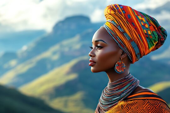 Vibrant Portrait of a Woman in Colorful Headwrap
