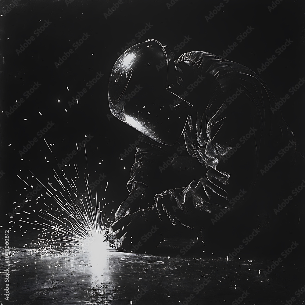 Poster a monochromatic image of person welding, showcasing high contrast and dynamic sparks. scene captures