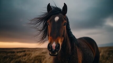 Obraz premium Majestätisches Wildpferd in Sonnenuntergangslandschaft für Naturfotografie und Pferdesportthemen