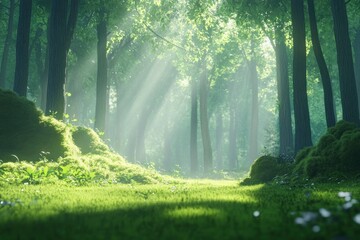 Serene Forest with Sunlight and Lush Greenery
