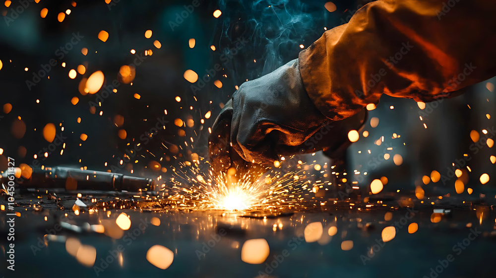 Poster a skilled worker focuses on dynamic motion of welding sparks, showcasing intensity and artistry of m