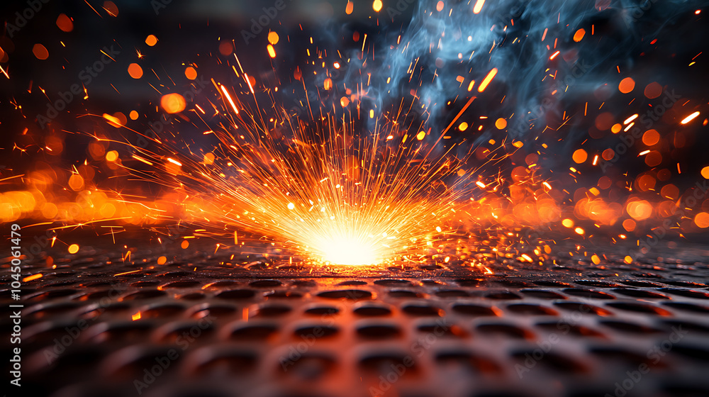 Poster a mesmerizing display of dynamic motion, this image captures vibrant sparks and smoke produced durin