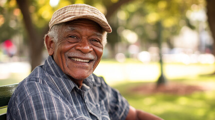 Obraz premium Elderly man smiling outdoors in park with plaid shirt and cap on sunny day