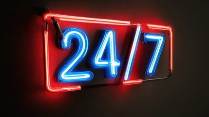 Neon 24/7-Beschilderung in Blau und Rot für Geschäftswerbung und Nachtleben-Ambiente