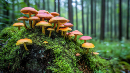 Vibrant orange mushrooms on mossy forest floor in tranquil woodland setting