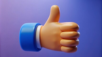 A 3D-rendered thumbs-up hand gesture with a blue wristband, symbolizing approval or positive feedback