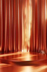 Bold and Striking 3D Rendered Podium with Rich Copper Curtains for a Warm Display