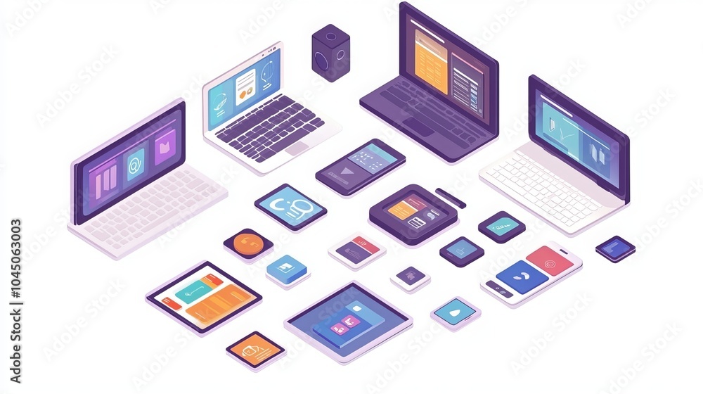 Wall mural isometric cartoon illustrations of web application design. smartphone, laptop, tablet with adaptive 