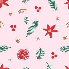 Hand drawn floral seamless pattern with traditional Christmas elements, holly leaves and berries. Vintage style. 