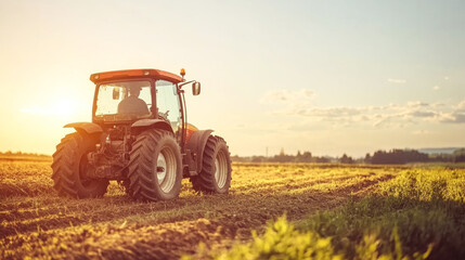 Fototapeta premium Sunset tractor in field capturing rural life and agricultural farming scenes
